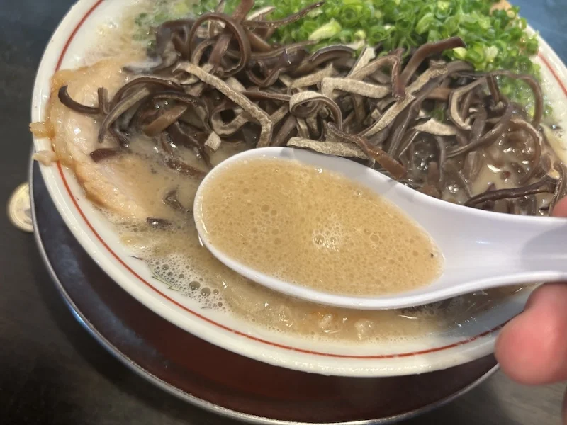 レンゲですくった白濁の豚骨スープ