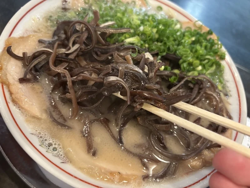 箸で持ち上げた細切りのキクラゲ