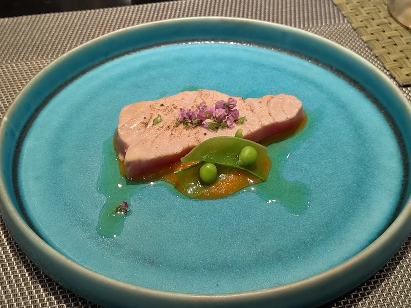 表面を炙ったマグロに季節の豆と彩りのソースを添えた一皿