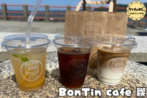 伊勢湾を背にしたBonTin cafe 禊のアイスコーヒー・カフェラテ・レモネード